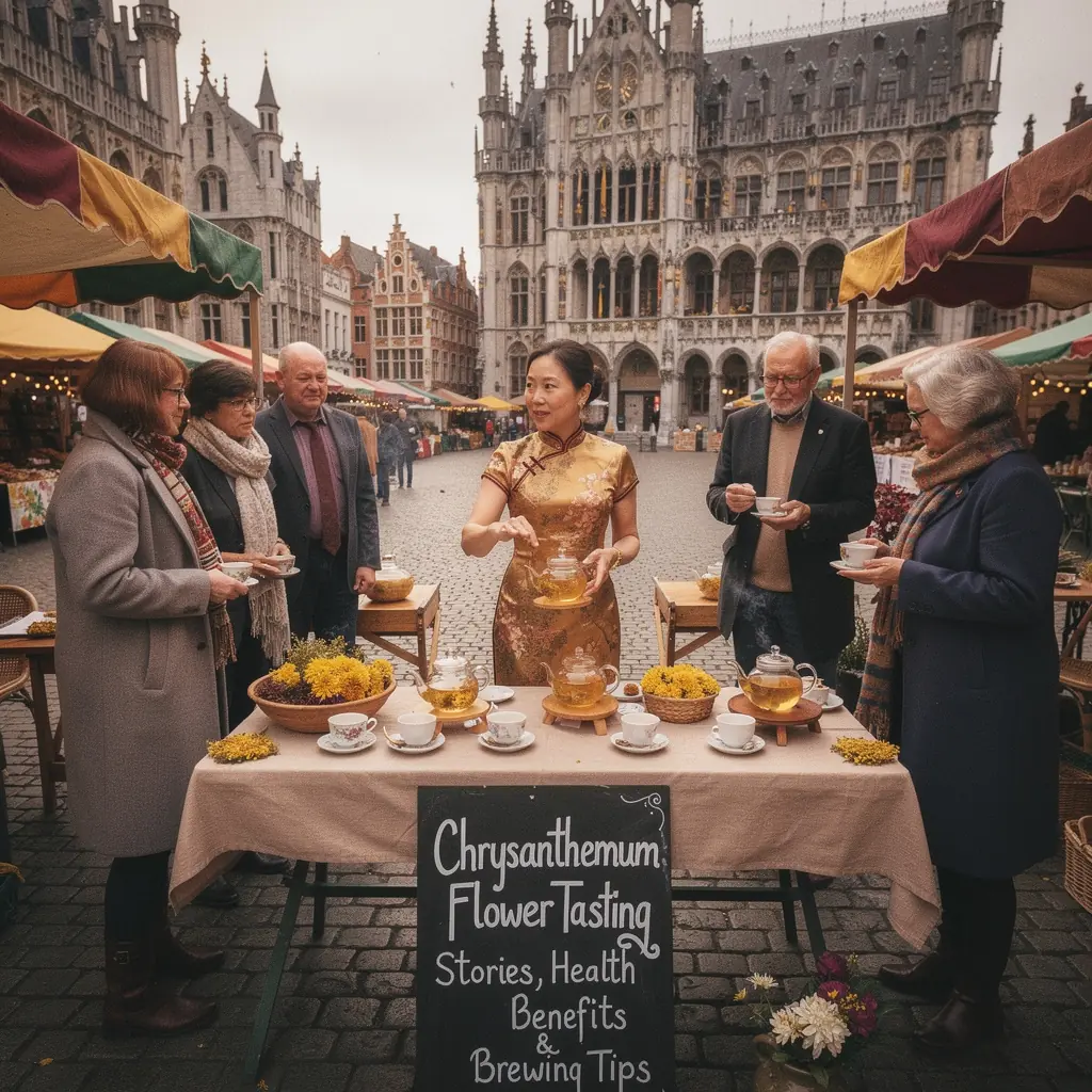 ThГ© de chrysanthГЁme servi avec des biscuits asiatiques traditionnels sur une assiette Г©lГ©gante.
