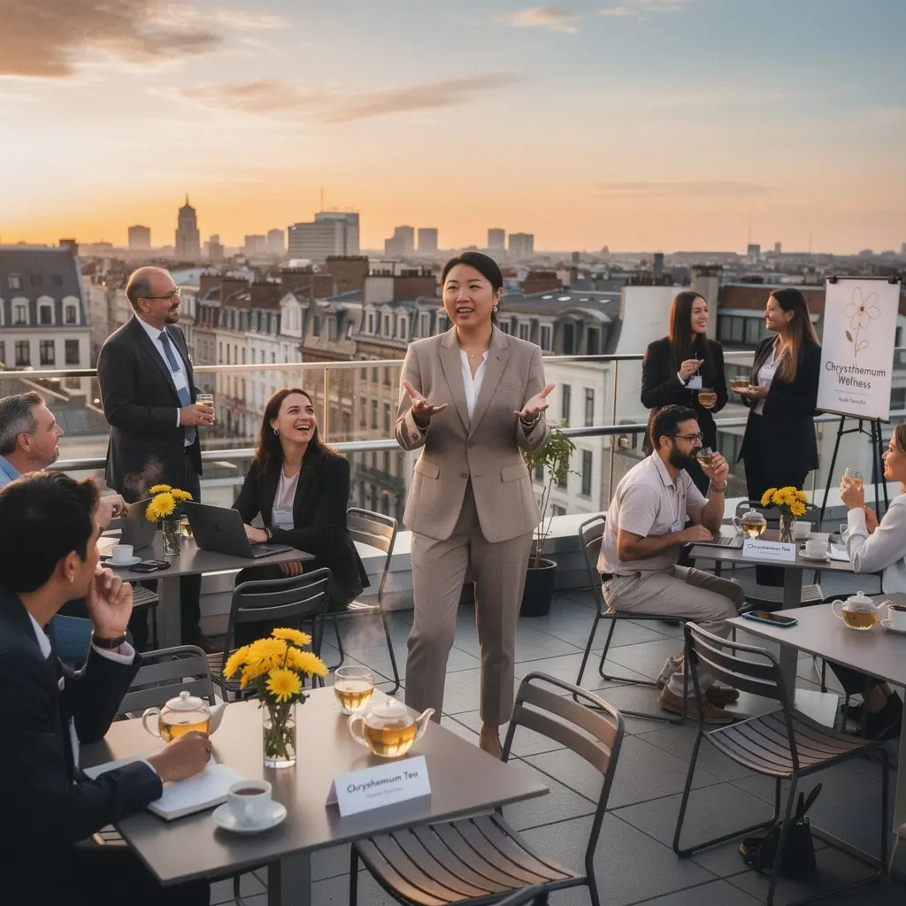 Gros plan sur les fleurs de chrysanthГЁme sГ©chГ©es, prГЄtes Г  ГЄtre infusГ©es dans de l'eau chaude.