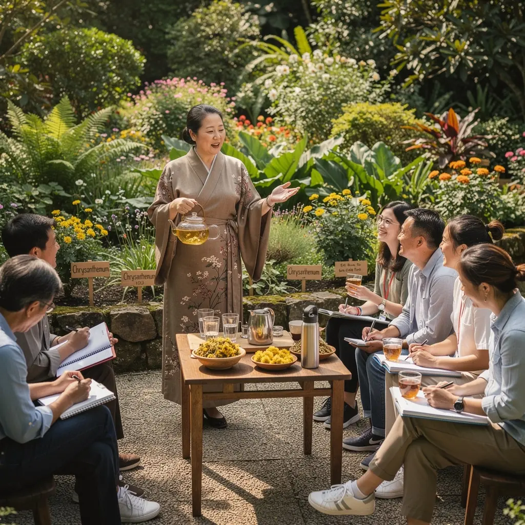 Infusion de chrysanthГЁme dans une thГ©iГЁre en cГ©ramique, avec une lumiГЁre douce filtrant Г  travers.