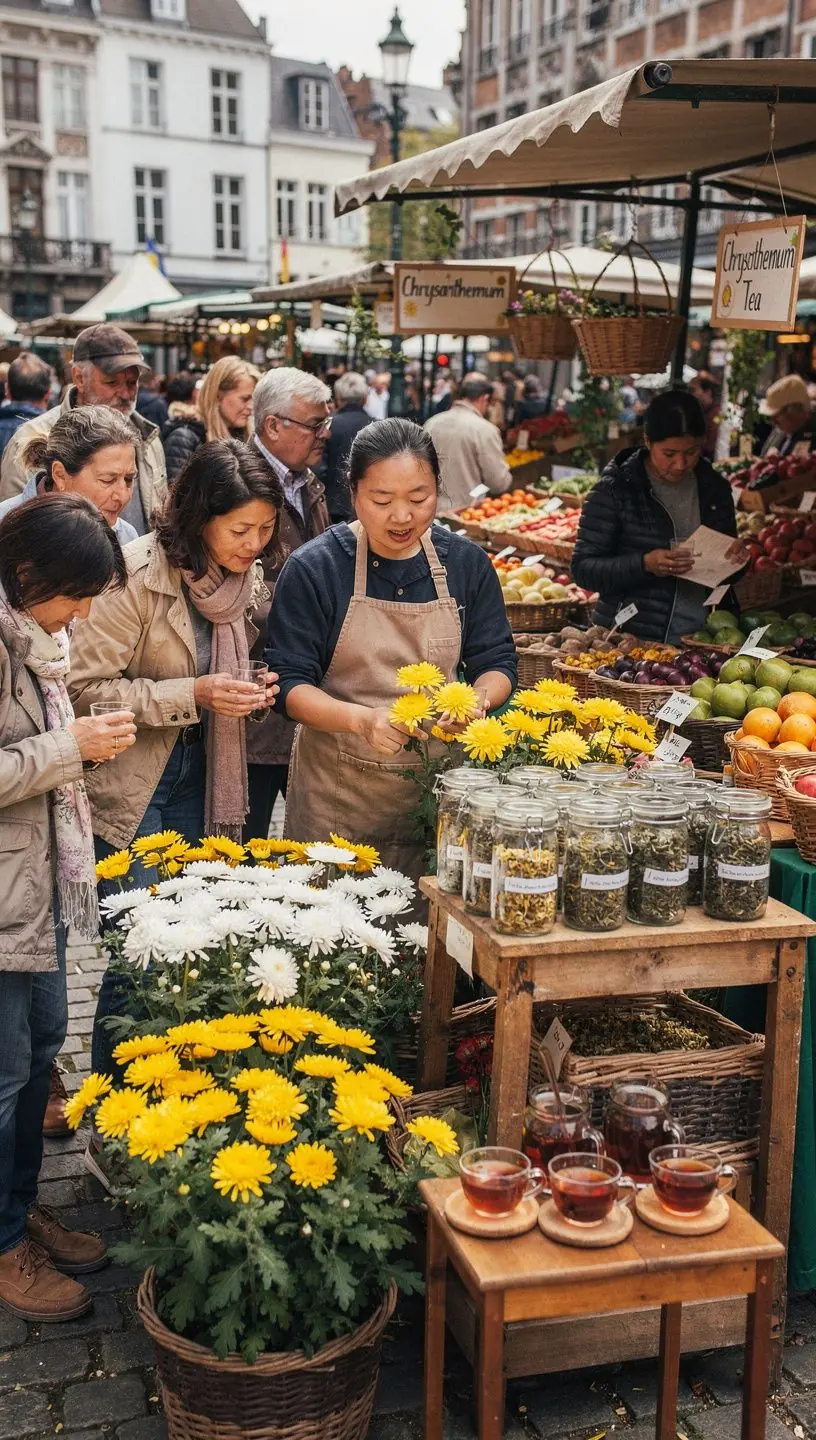 Infusion de fleurs de chrysanthème dans une tasse en porcelaine délicate.