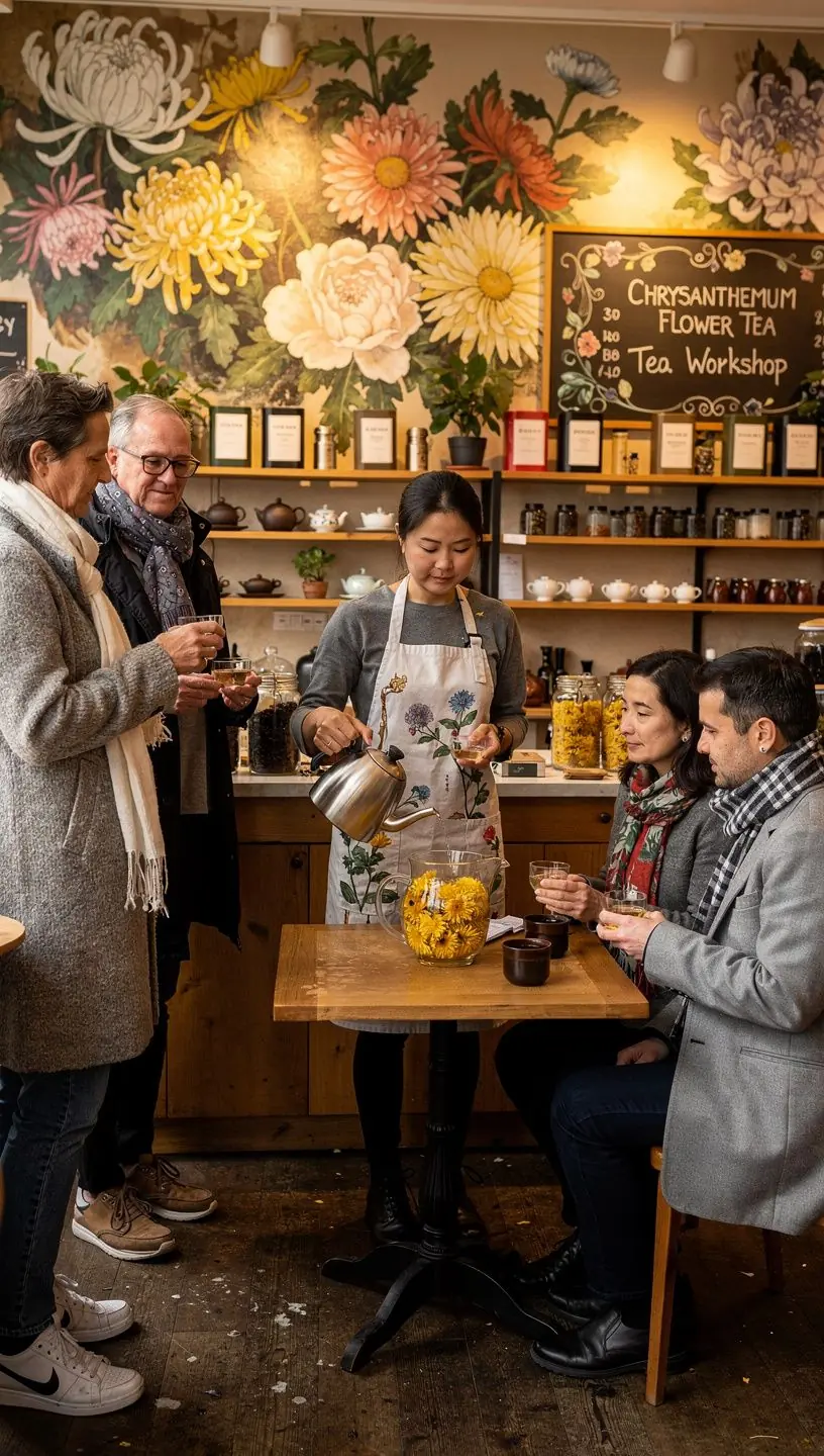 Un champ de chrysanthèmes en fleurs sous un ciel ensoleillé.