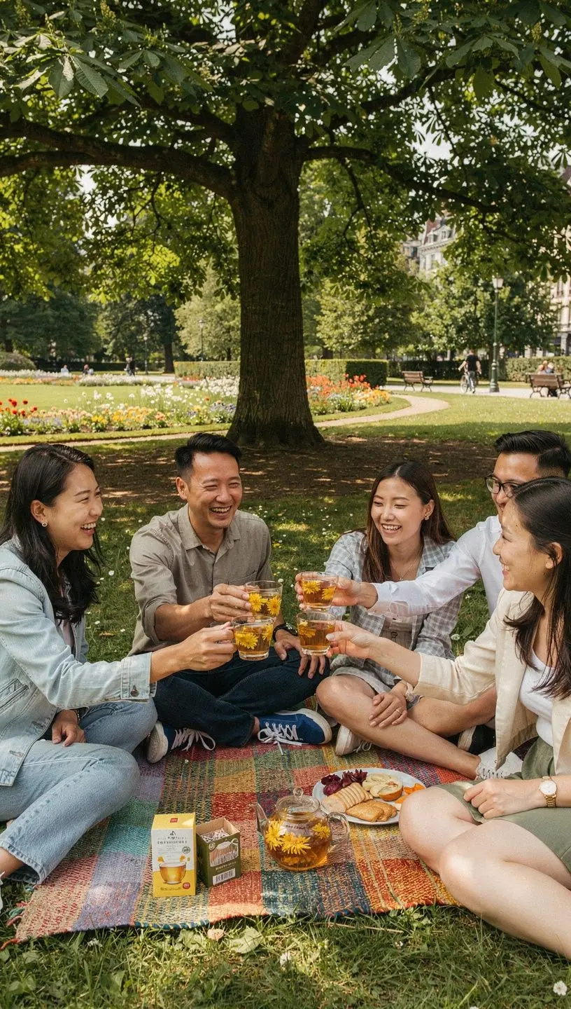 Un assortiment de tasses de thé avec une infusion de chrysanthème.