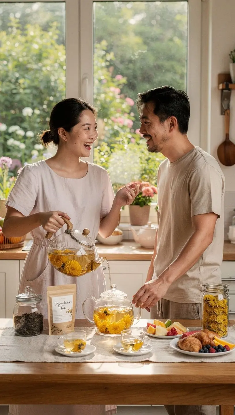 Tasse de thГ© de fleurs de chrysanthГЁme sur une table en bois, entourГ©e de pГ©tales de fleurs.